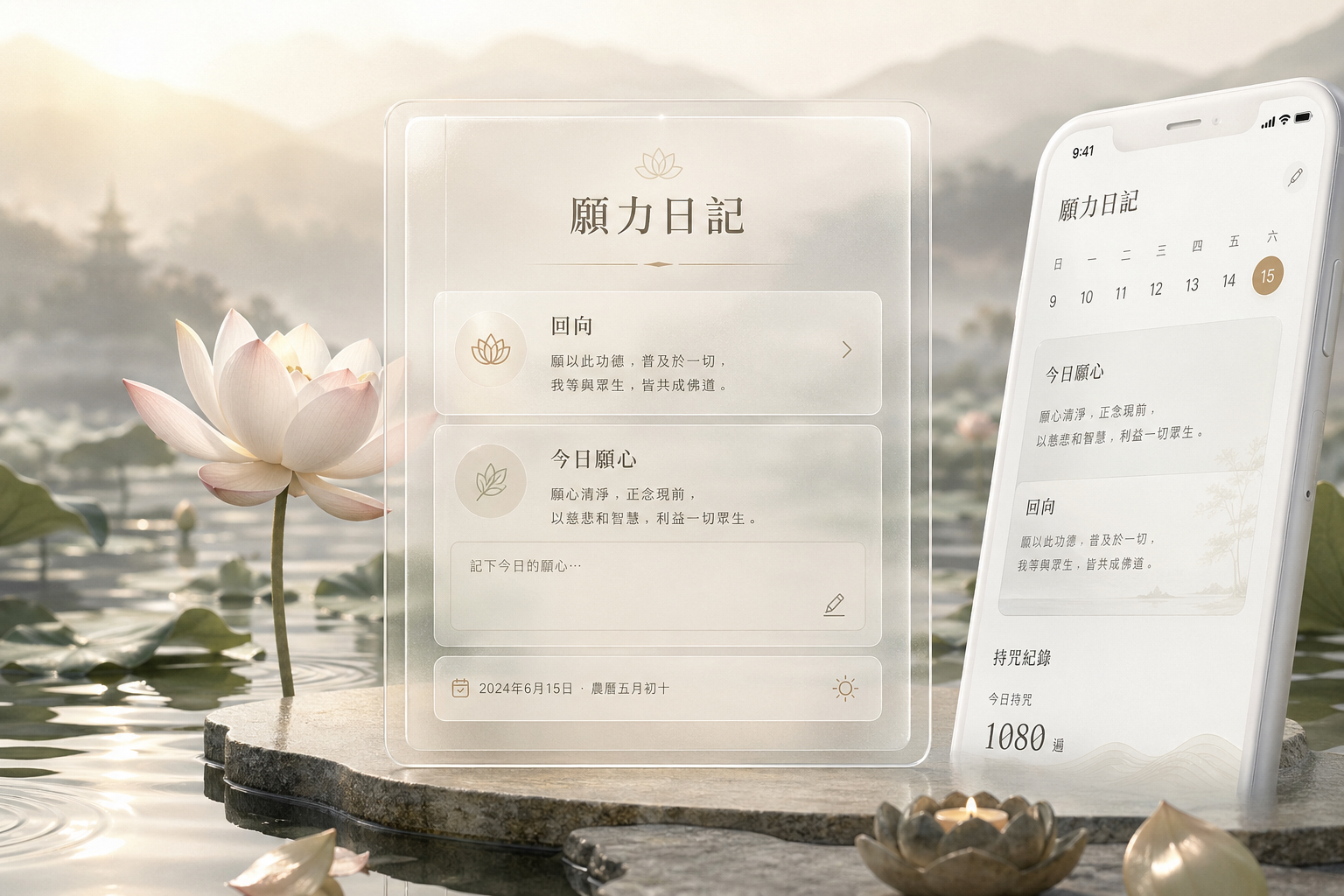願力日記玻璃介面與手機在柔和晨光蓮池中